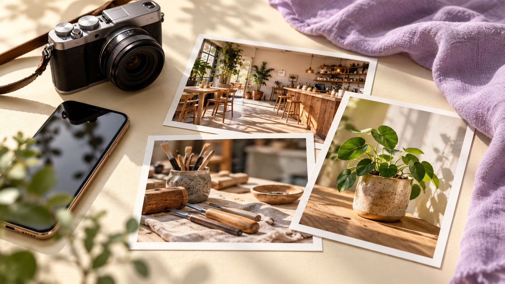 ホームページ用の写真選びをイメージしたカメラと写真