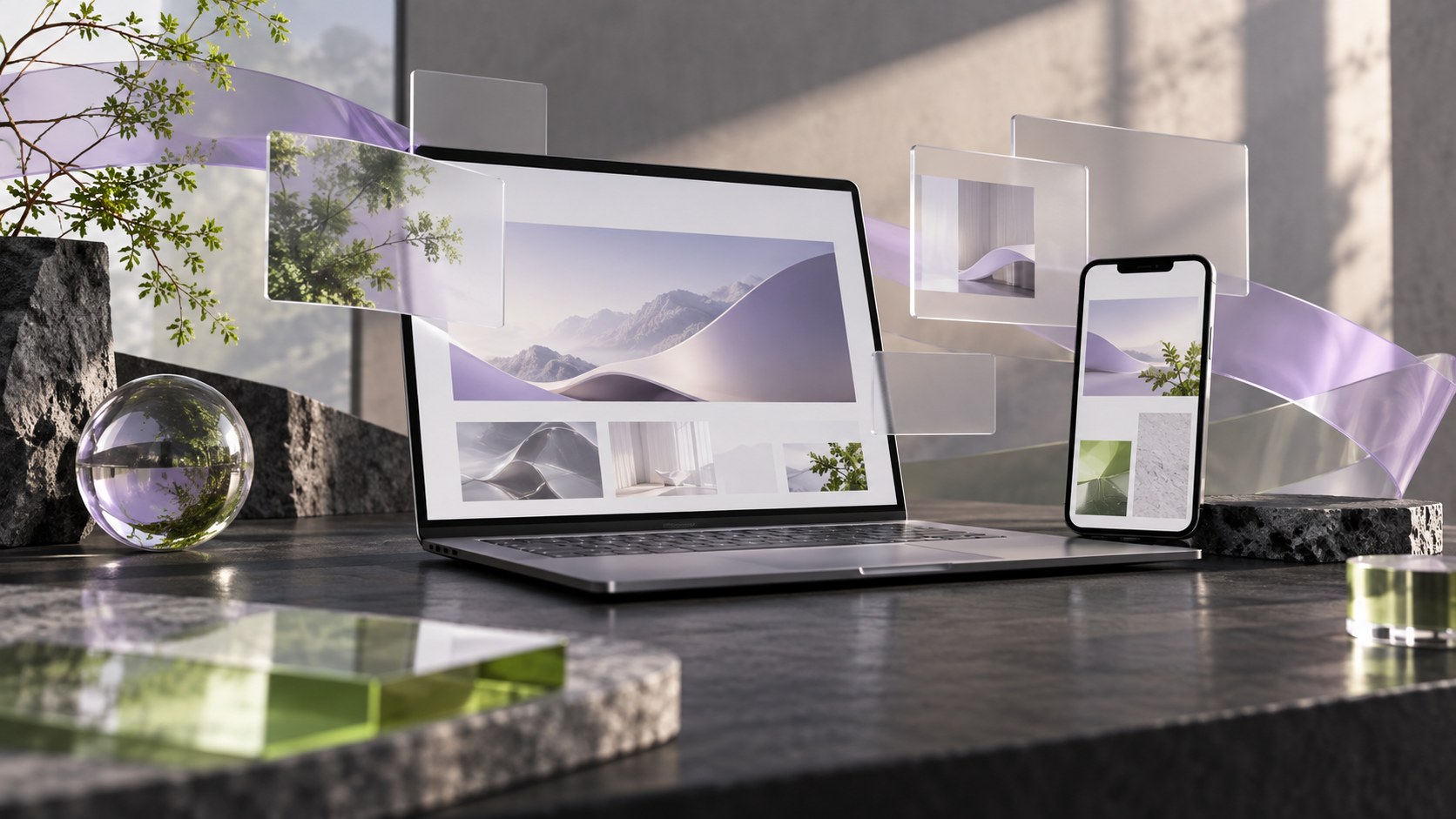 Web制作とAIの活用を表現したPCとスマートフォンのイメージ